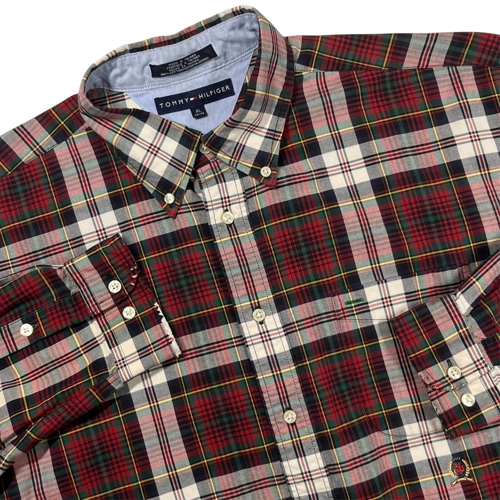 Vintage Tommy Hilfiger Button Down Oxford Shirt Mens XL Multicolored Plaid *Flaw